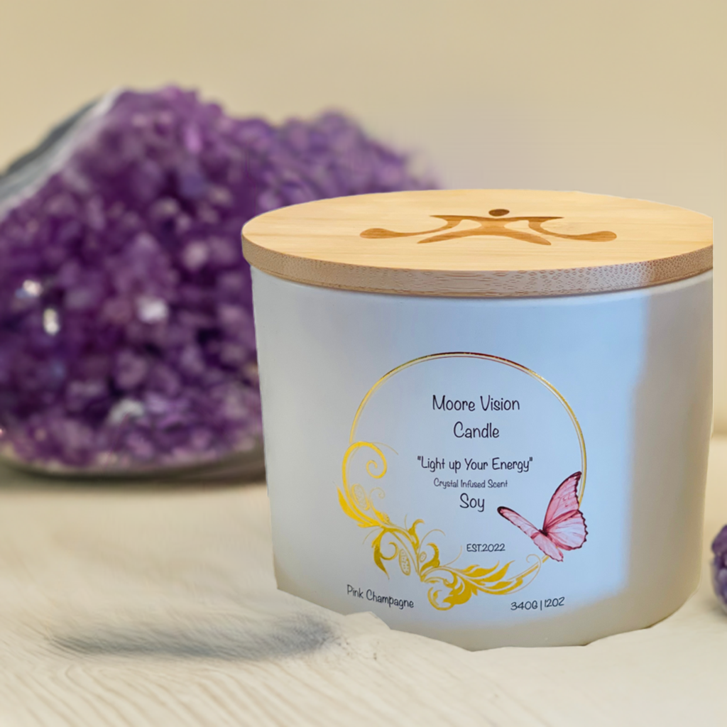 Aromatherapy| Luxury Soy Candle Pack infused Real Amethyst Crystals, Lavender Petal, Pink Champagne Scented, Clean Burn, 4 Medium 12 Oz Jar Candle, Include Bamboo Lid, Gift Box - MooreVisionCandle
